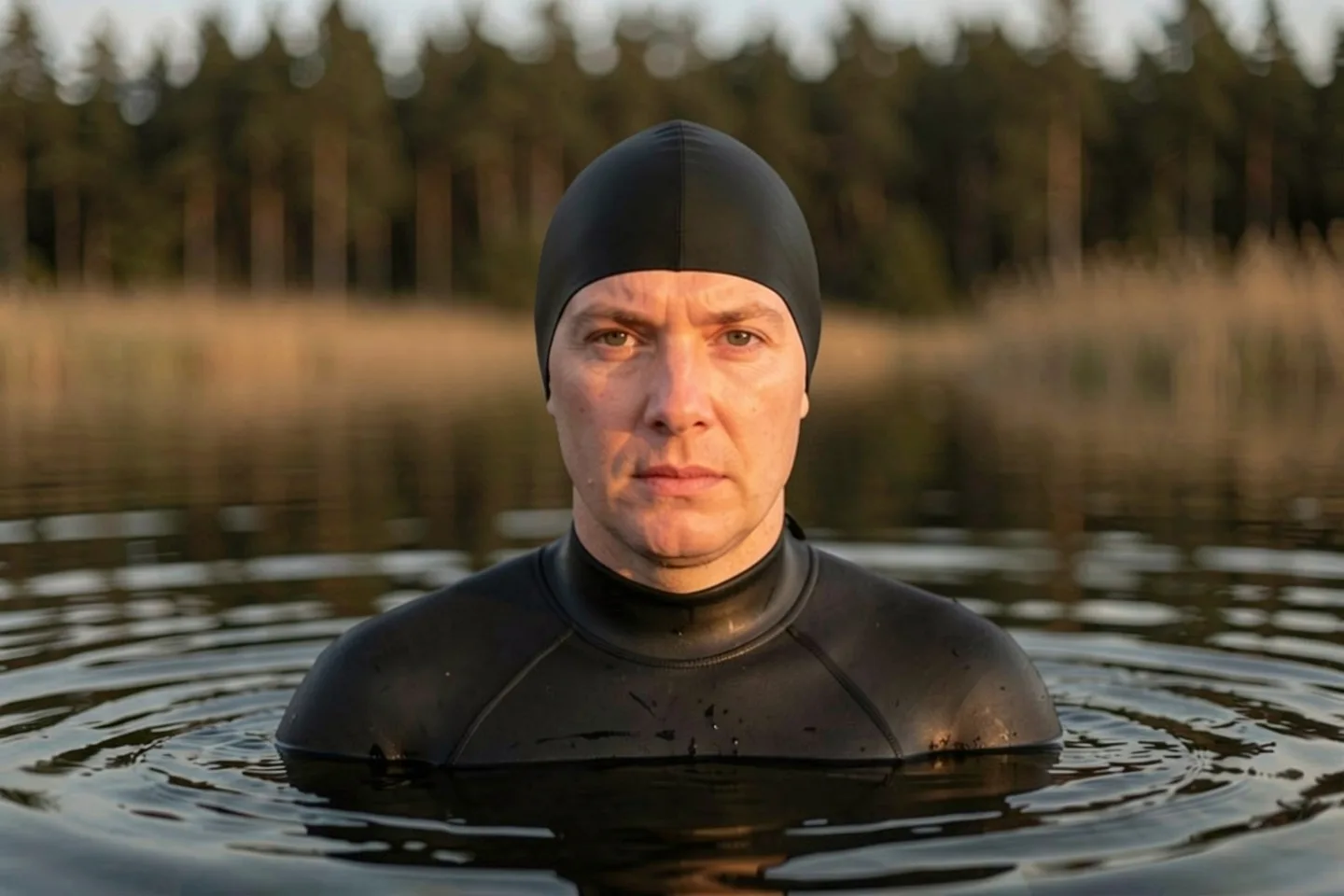 A swimmer in a black cap standing in a lake at sunrise