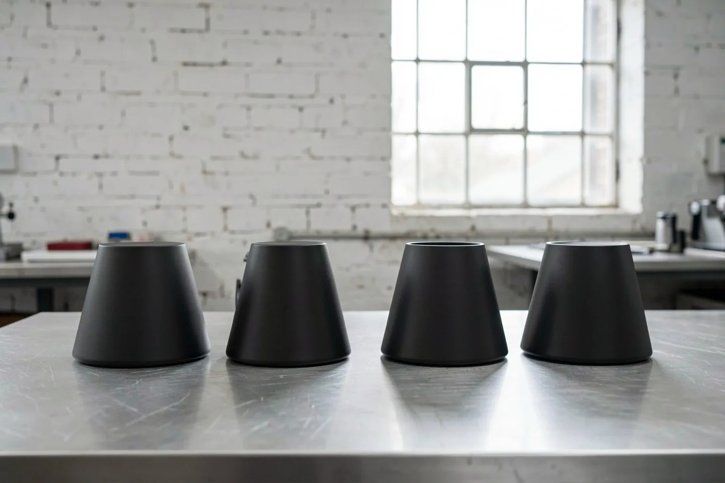 Four kettle bodies on a steel bench in the workshop, before their spouts and handles