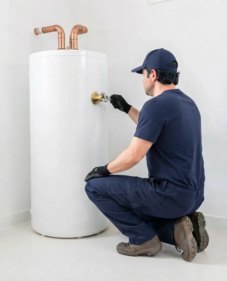 A new white water heater in a utility room