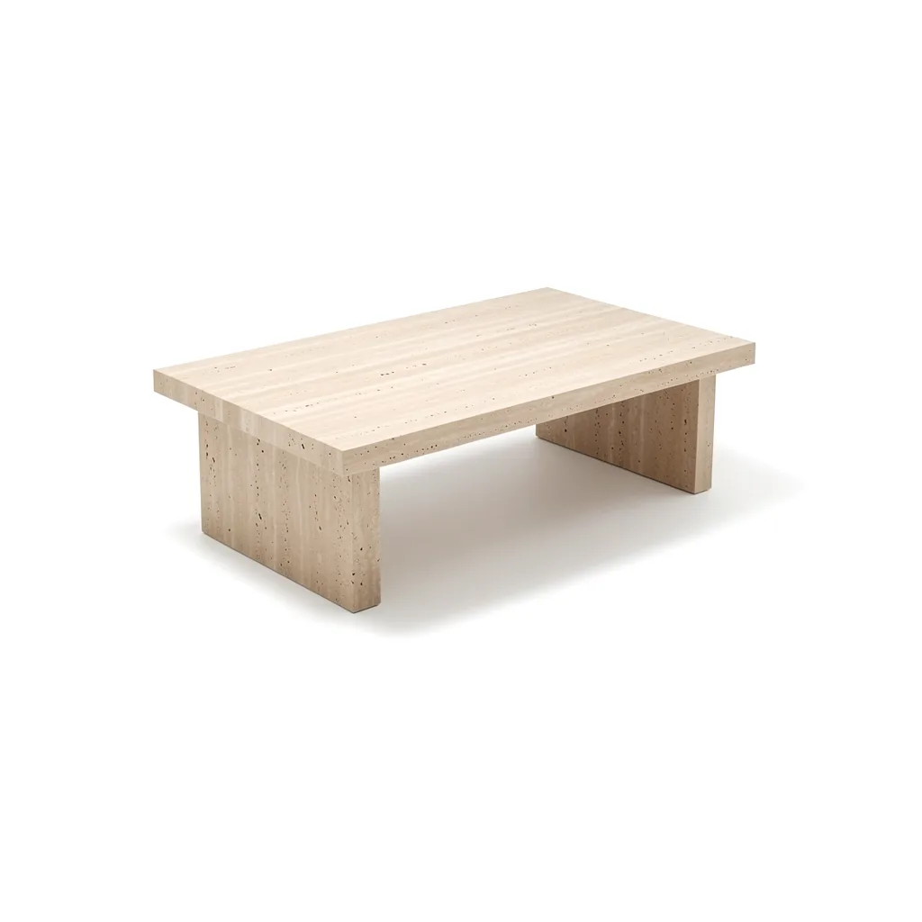 A low travertine coffee table on two slab legs
