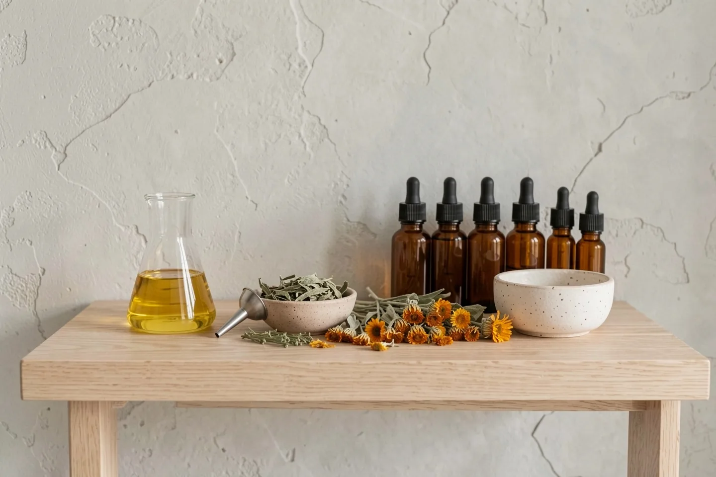 Oil, dried sage, calendula and amber bottles on the oak workbench