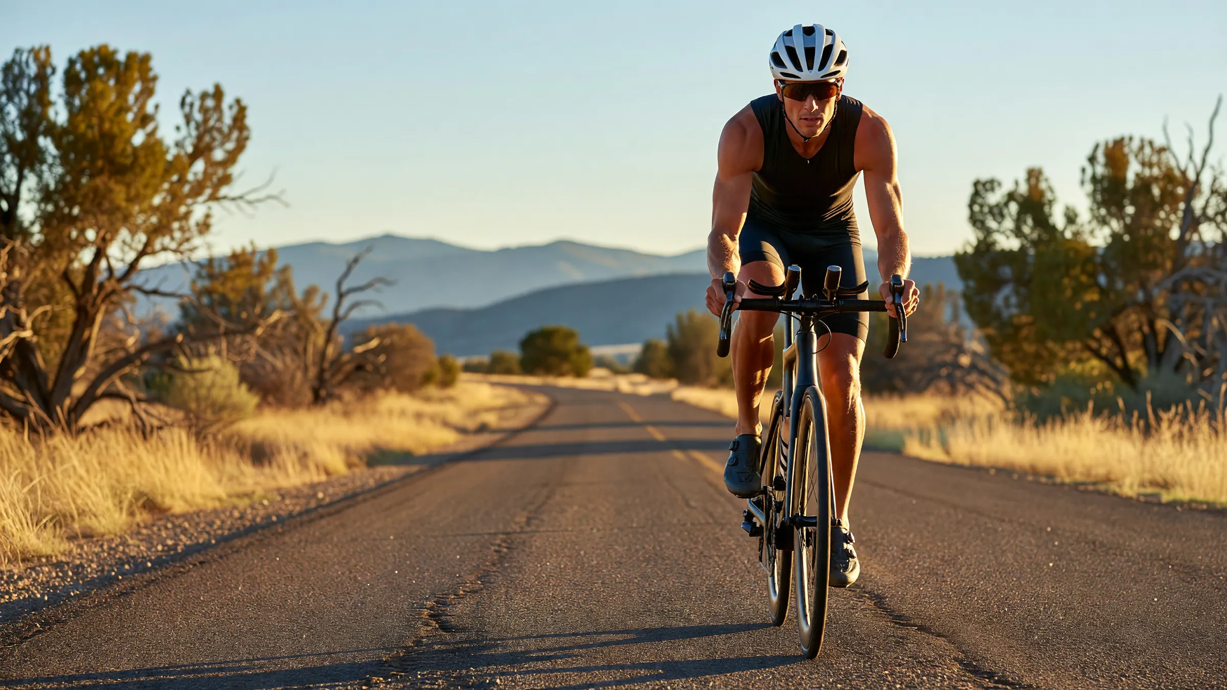A triathlete riding towards the camera on a desert road near Bend at golden hour