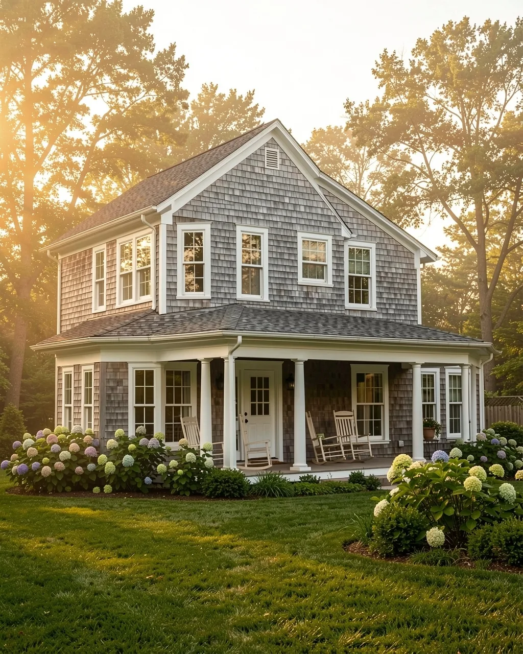 A grey shingle house with a white porch and hydrangeas