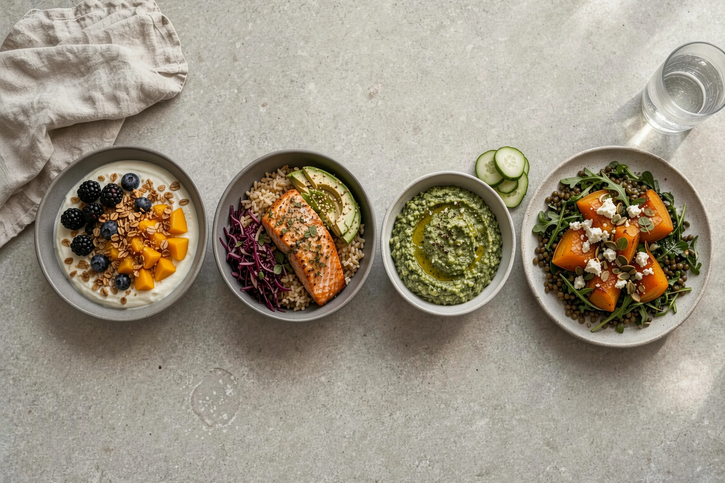 A stone table with a day's food in a row: yoghurt and berries, a salmon and rice bowl, spinach and bean dip, squash and lentil salad