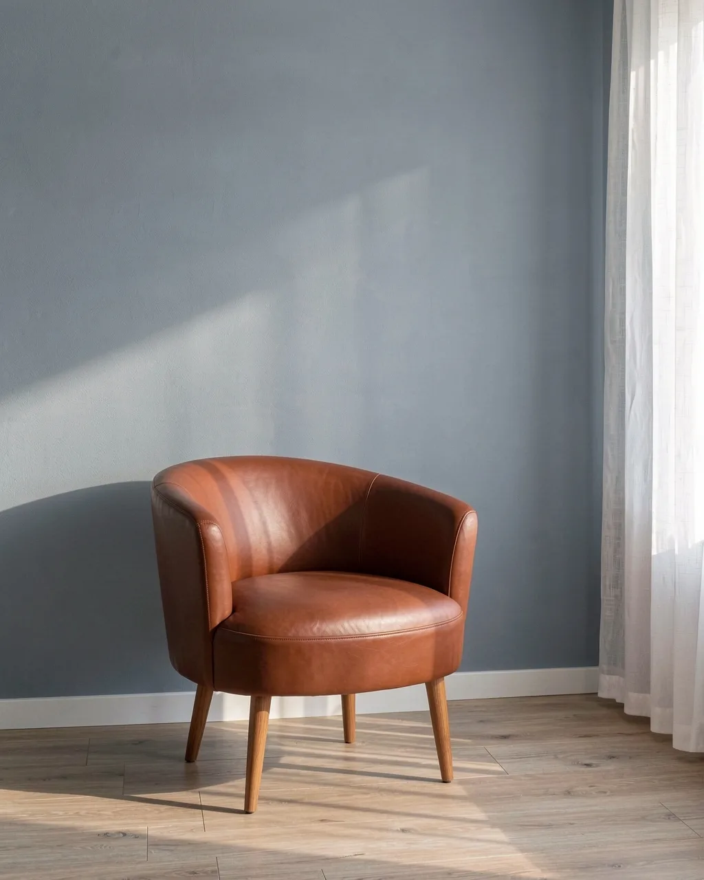 A cognac leather tub chair on oak legs