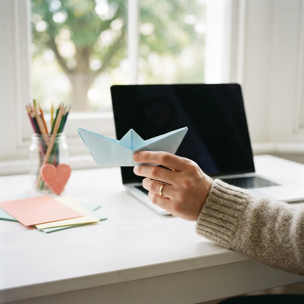 A teacher holding a paper boat up to a laptop