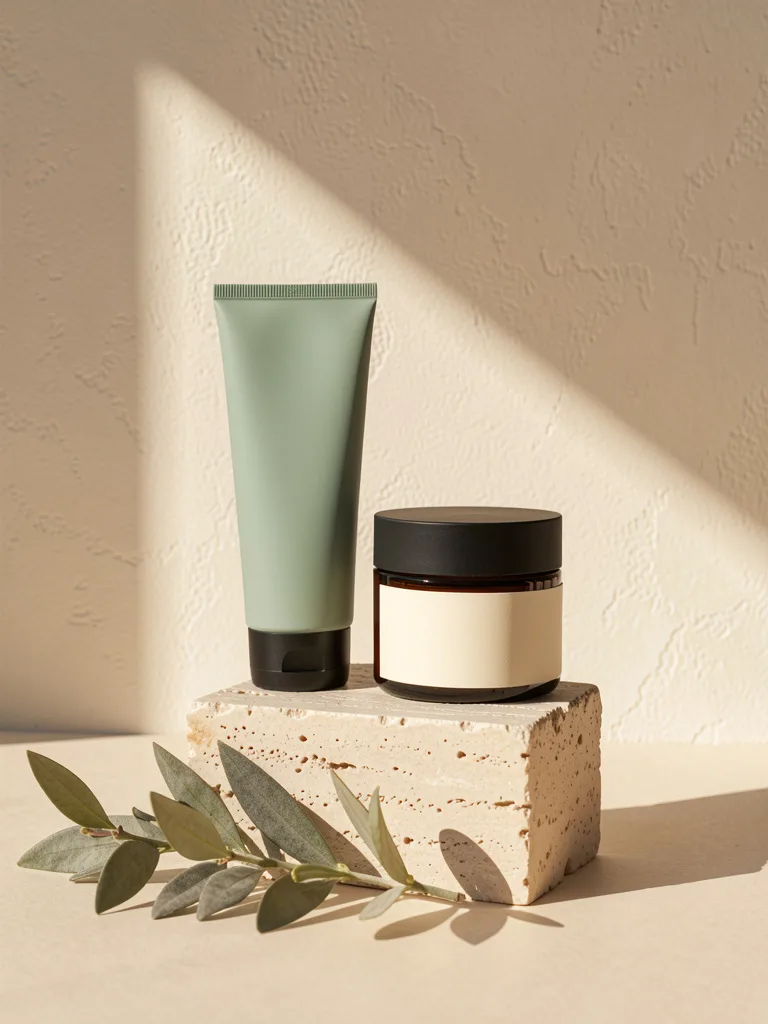 The cleansing gel and the day cream side by side on a stone block