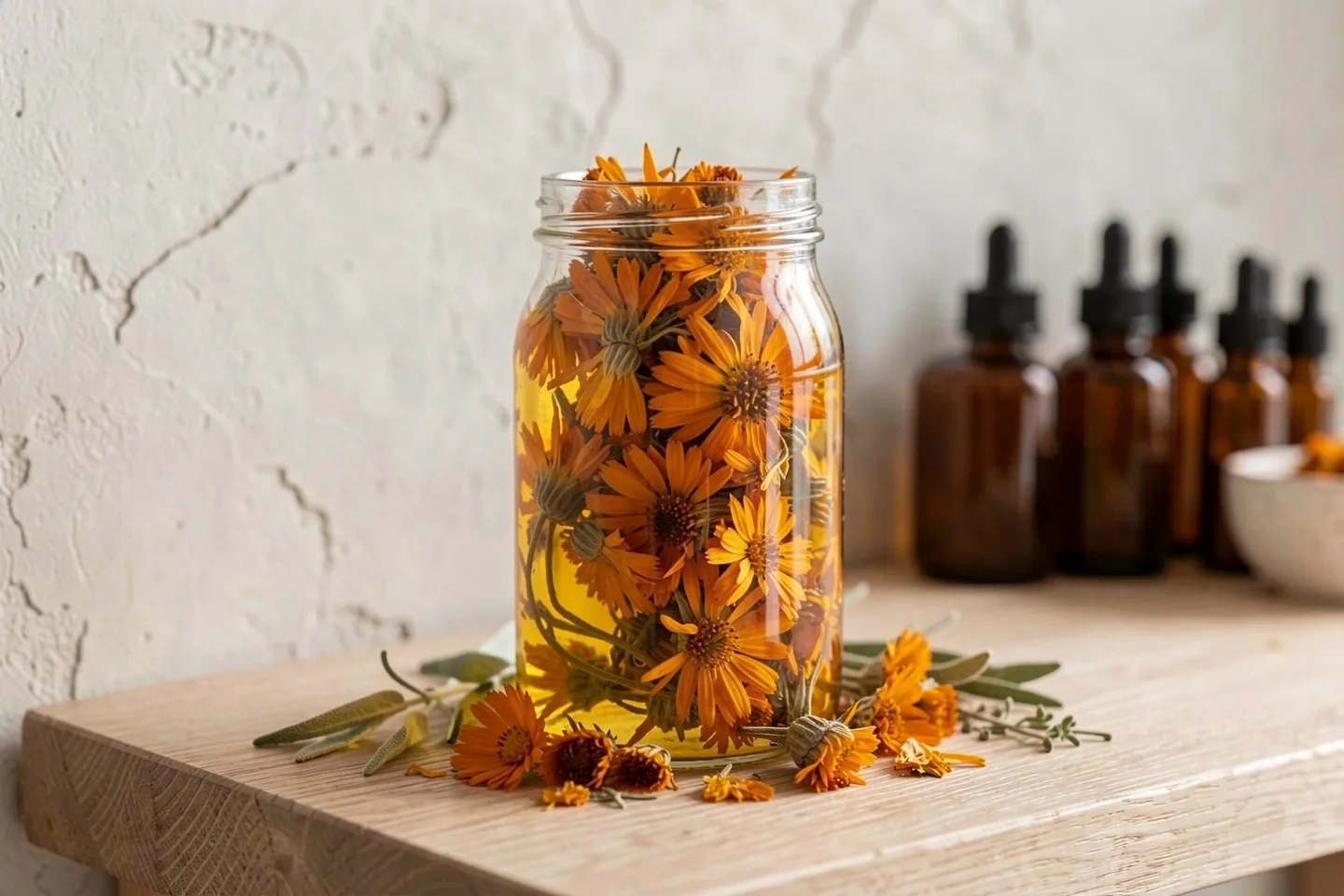 Dried calendula flowers steeping in a jar of golden oil