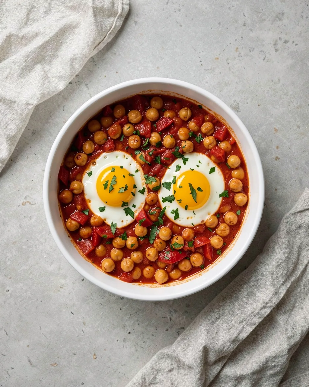 Two eggs baked in tomato and chickpeas, with parsley