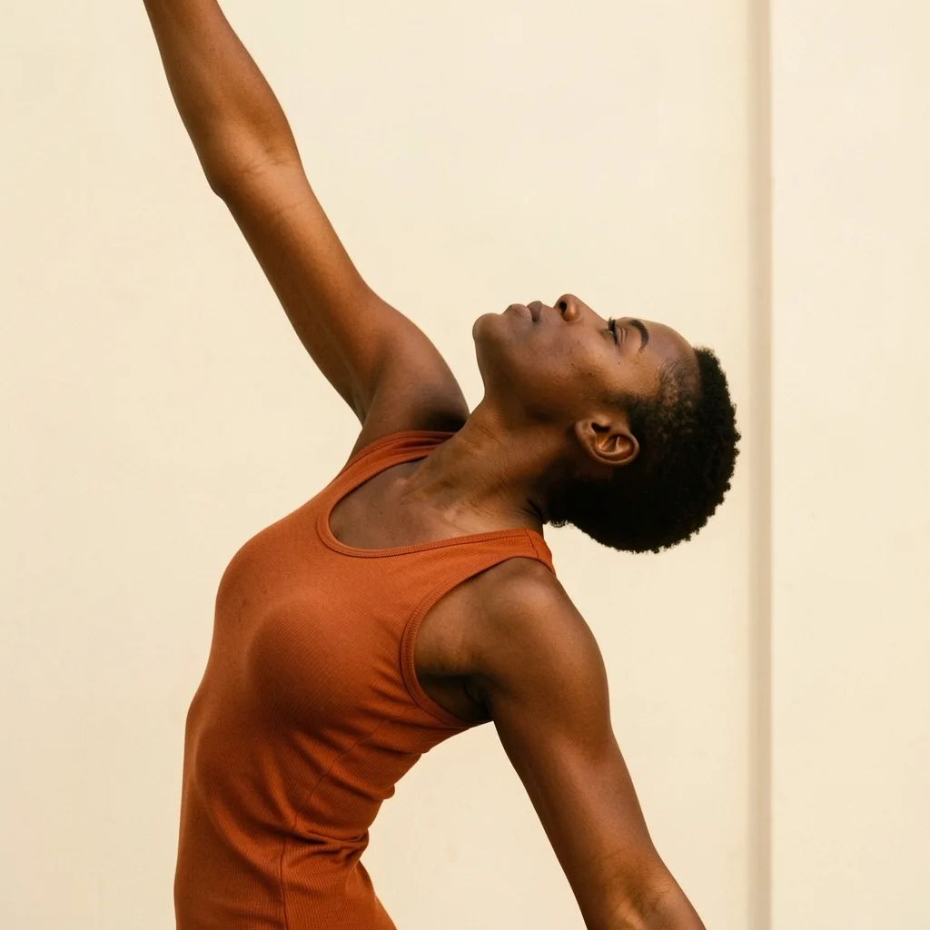 A dancer in an orange top arching back, one arm reaching up