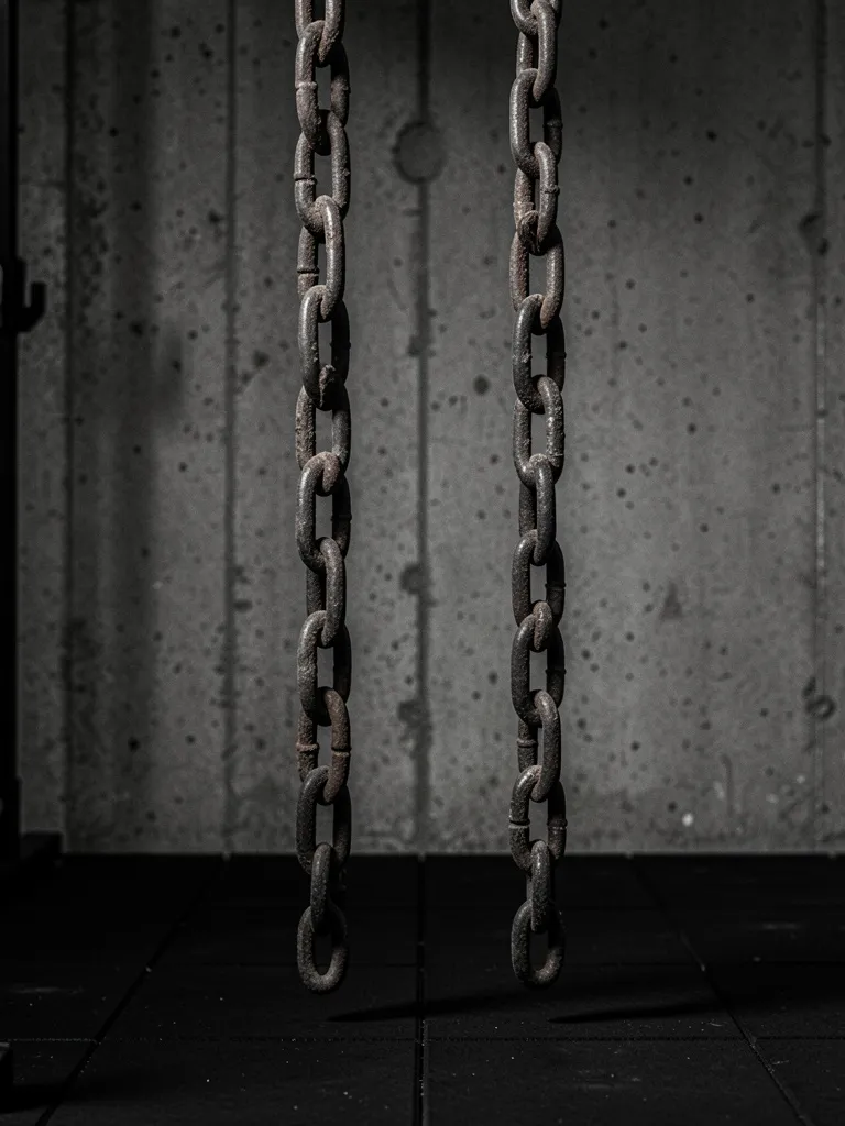 Two lifting chains hanging against the concrete wall