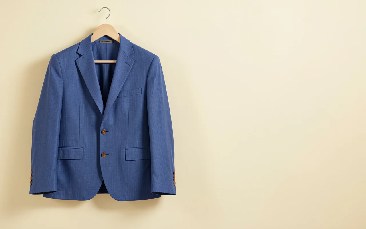 The cobalt linen jacket on a hanger