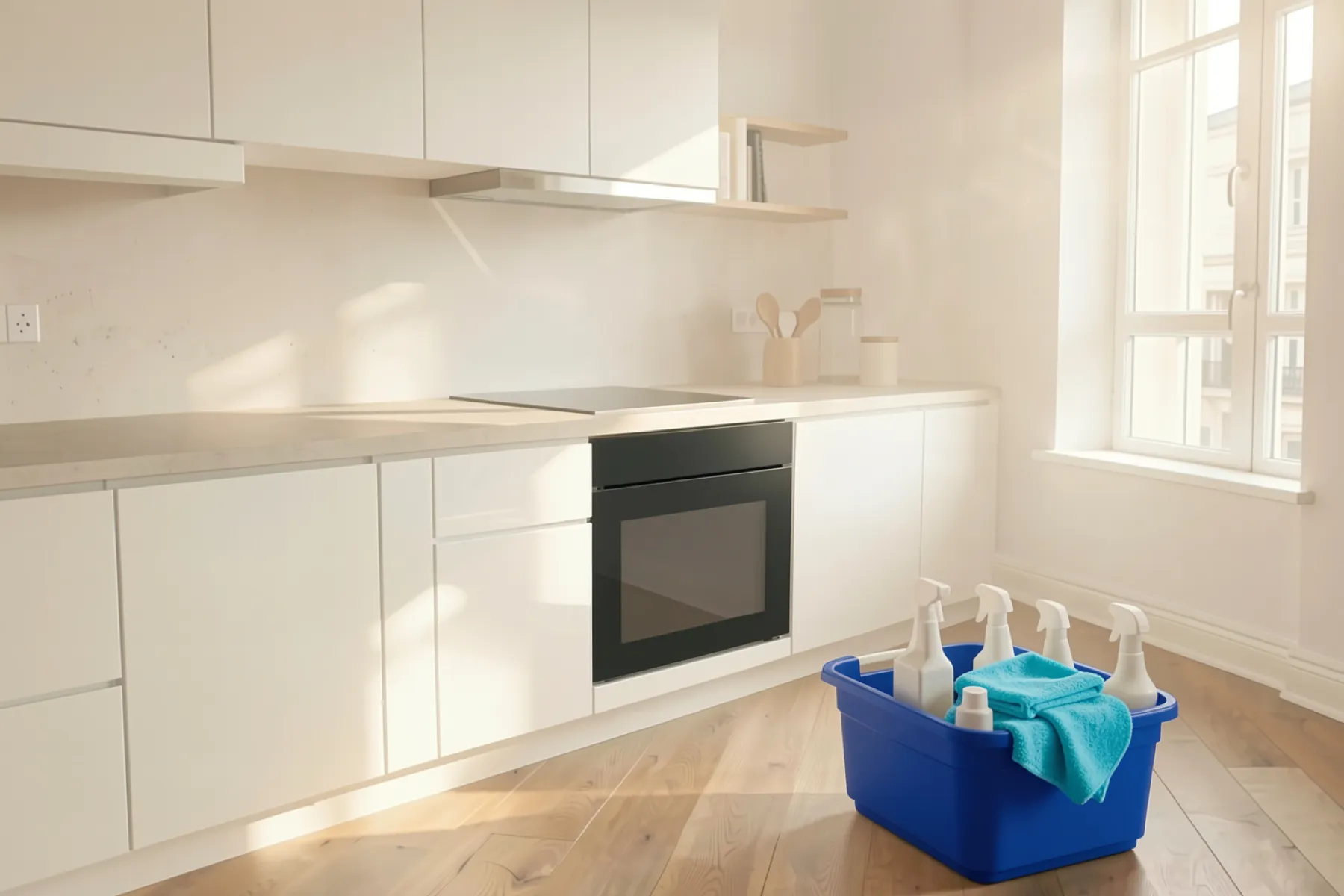 A bright, freshly cleaned white kitchen with a cleaning caddy on the floor