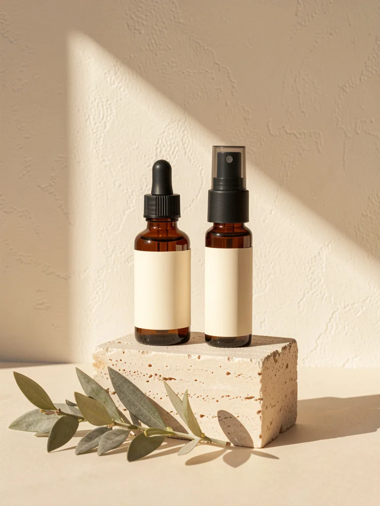 The face oil and the toner mist side by side on a stone block