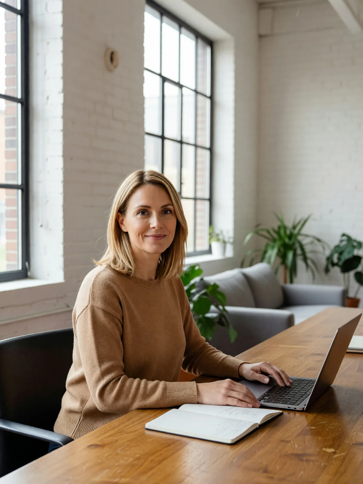 Nora at her desk in a bright loft office, a laptop and a notebook in front of her