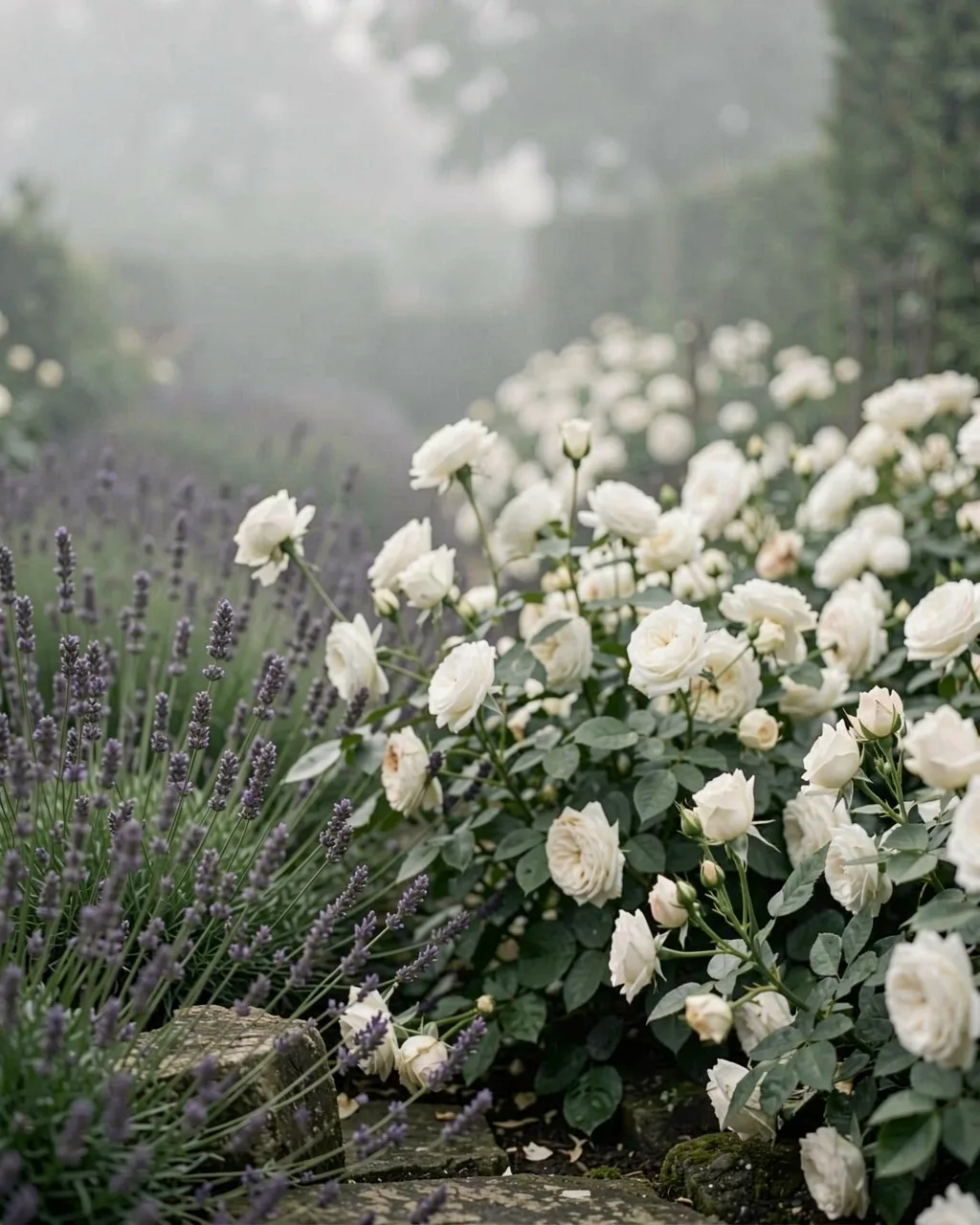 White roses and lavender beside a stone step