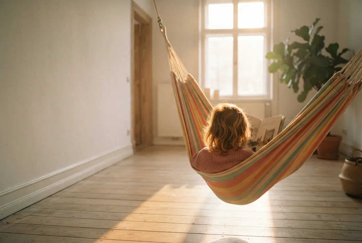A child in a striped hammock reading a picture book