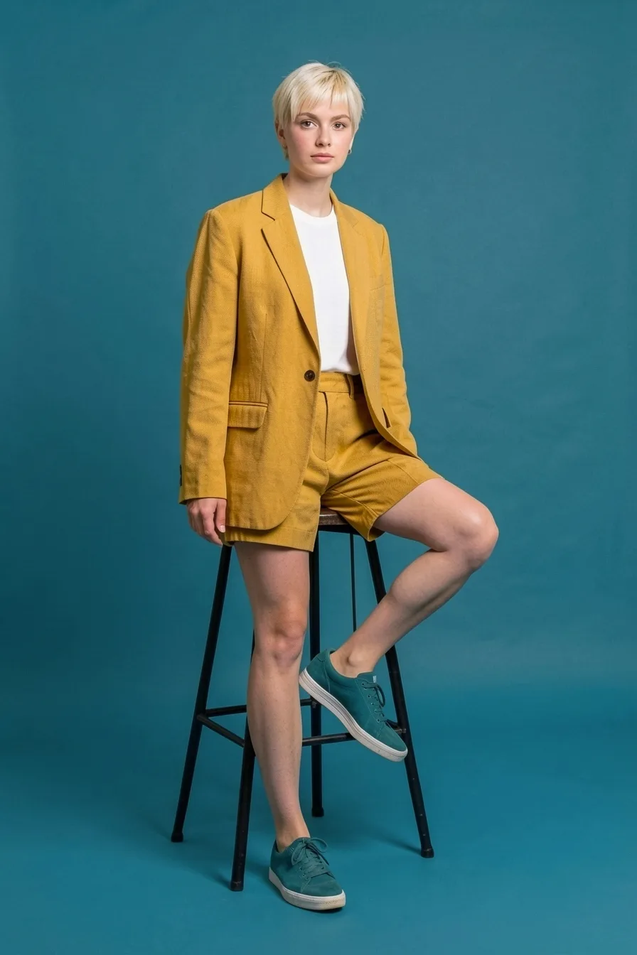 Look 02: the ochre blazer and shorts