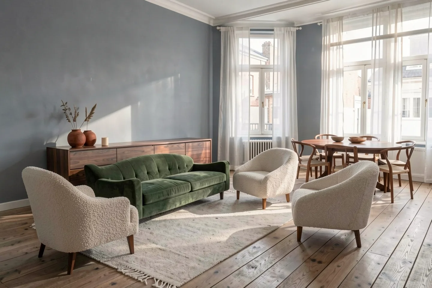 The shop floor: a green velvet sofa, bouclé armchairs and a walnut dining table by tall windows