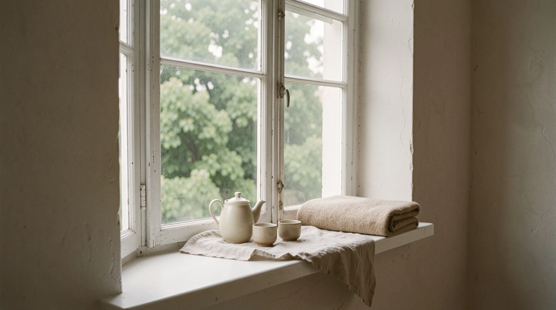 A teapot and two cups on a linen cloth on the studio's window sill, the park beyond