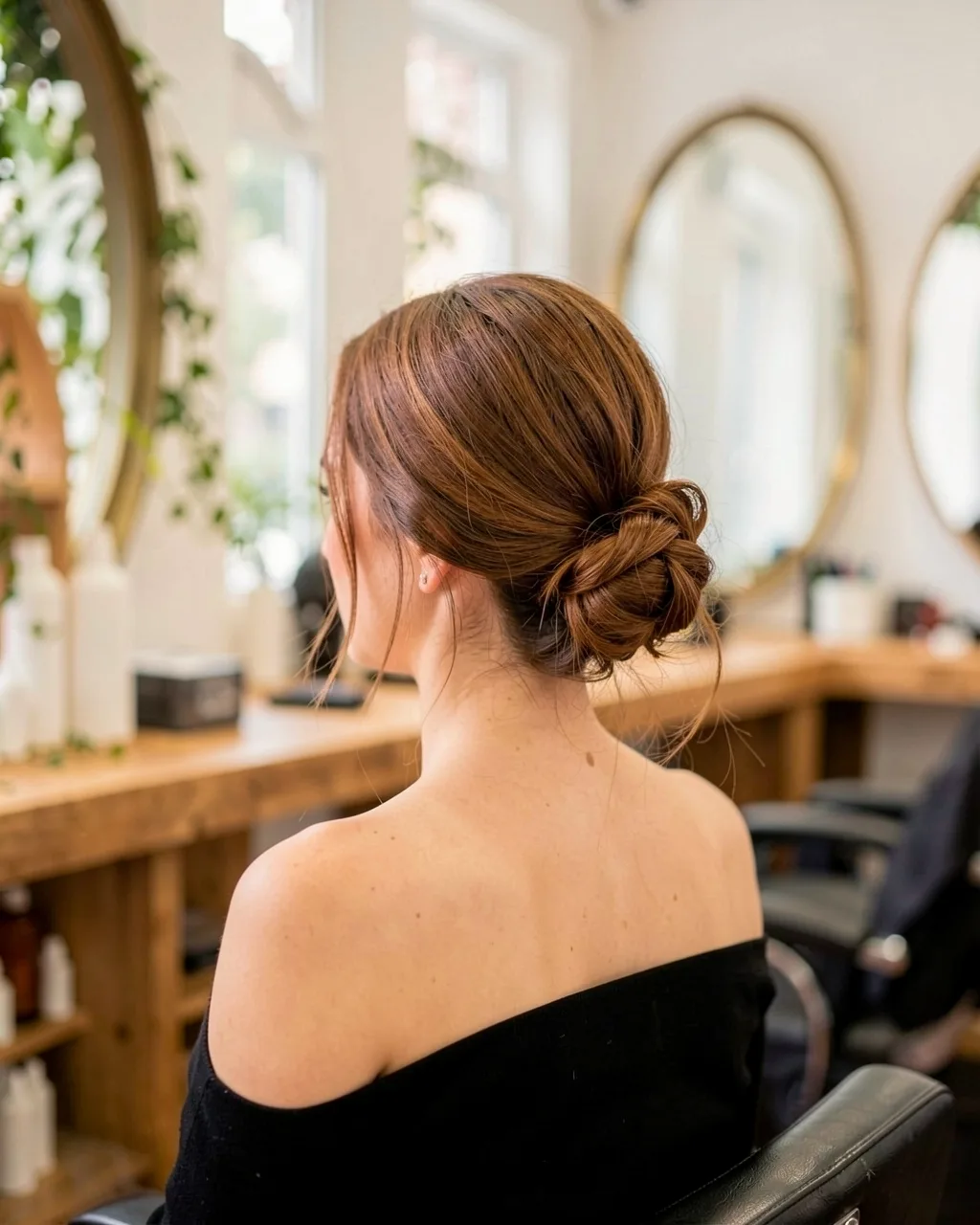 A soft low twisted updo with loose pieces at the face
