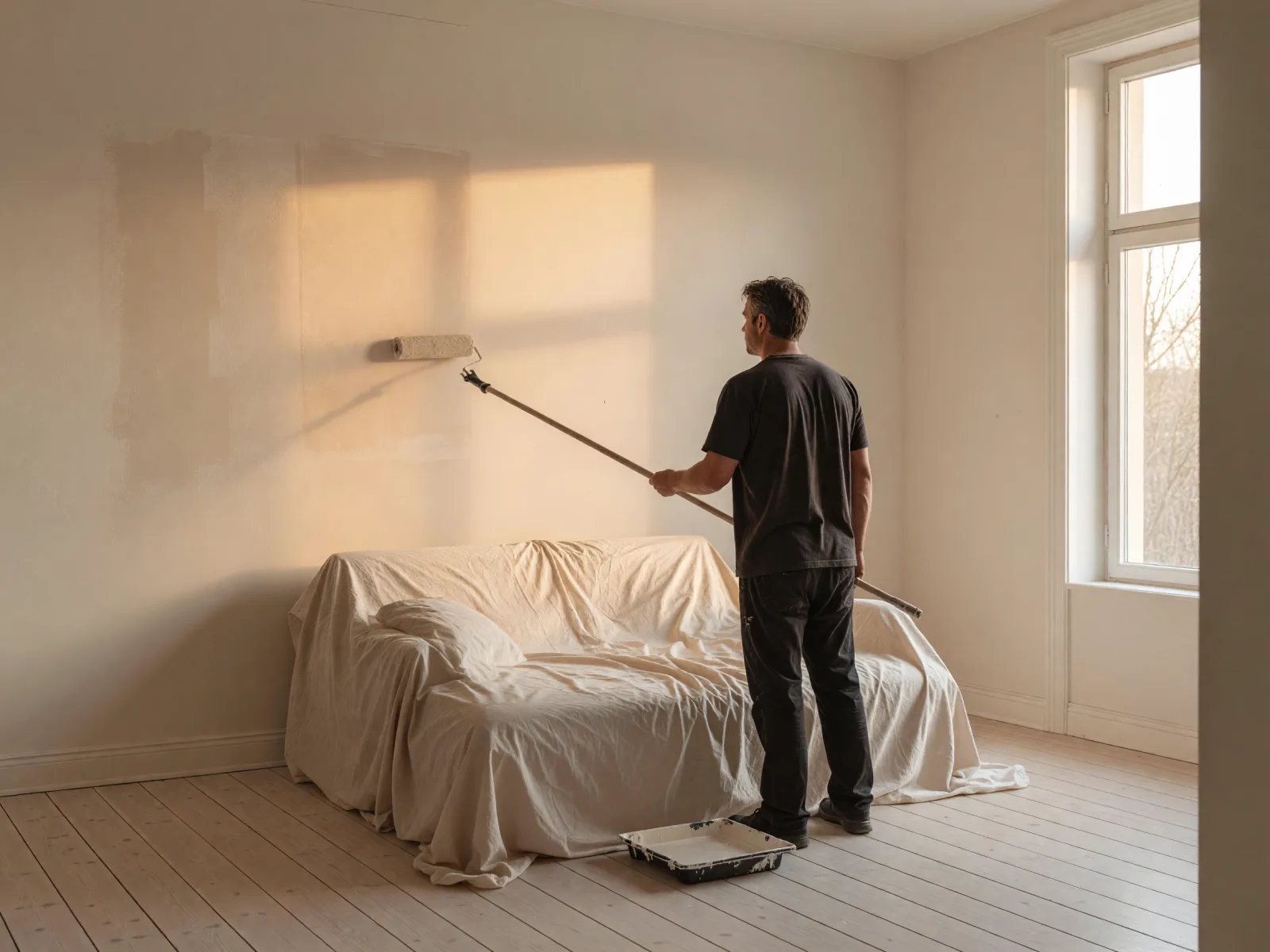 A painter rolling warm white paint onto a living room wall