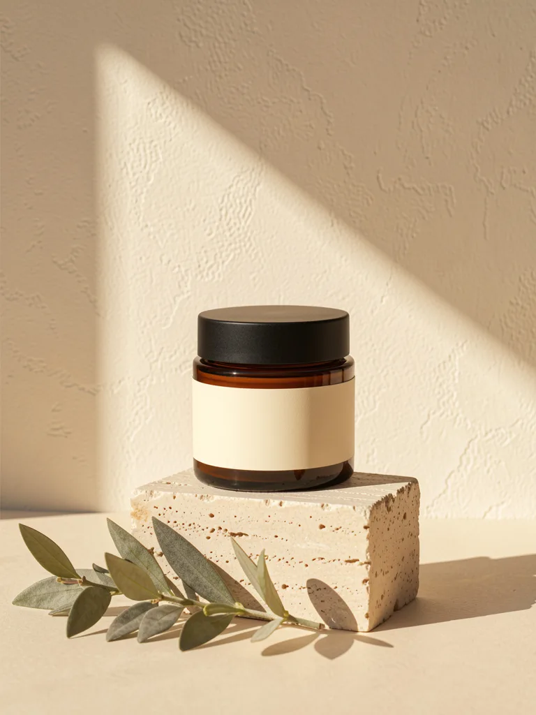 The squalane day cream in an amber jar on a stone block