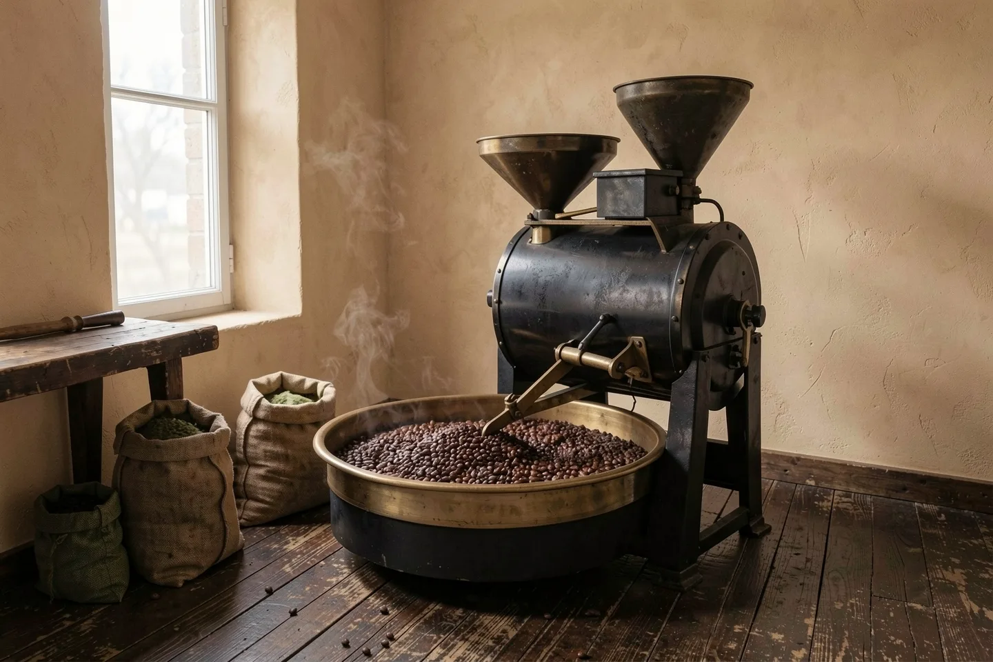 The drum roaster and its cooling tray of fresh beans, sacks of green coffee beside it