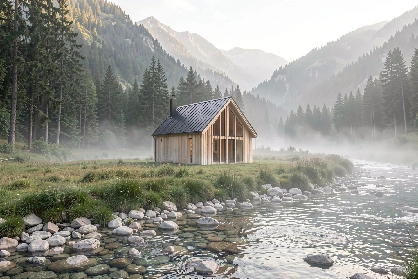 Breza, the cabin on the riverbank, in morning mist