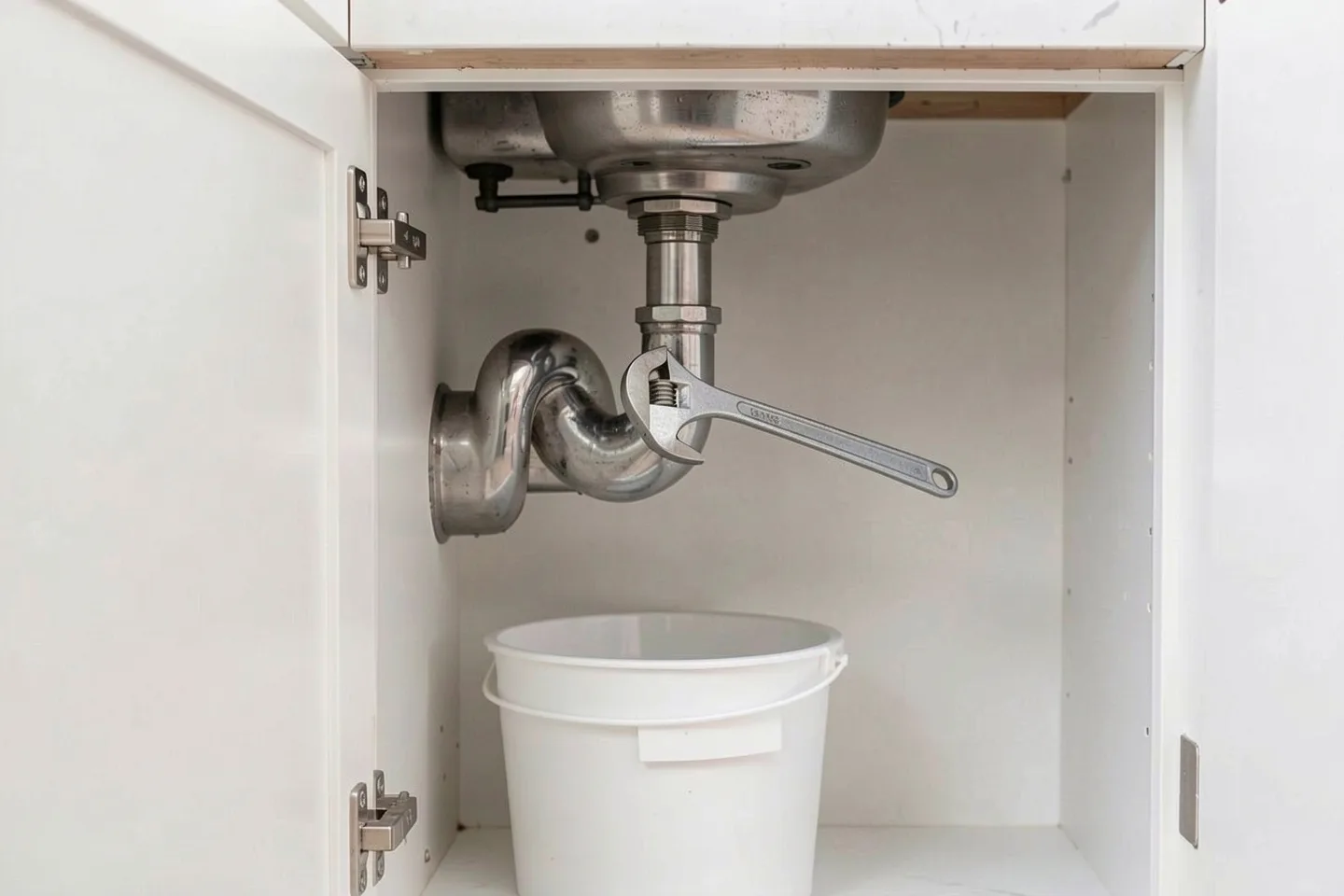 Gloved hands loosening a leaking sink trap