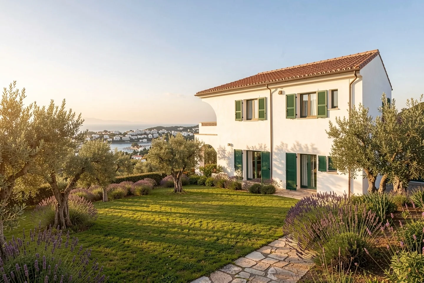 A white house with green shutters in a garden of olive trees and lavender