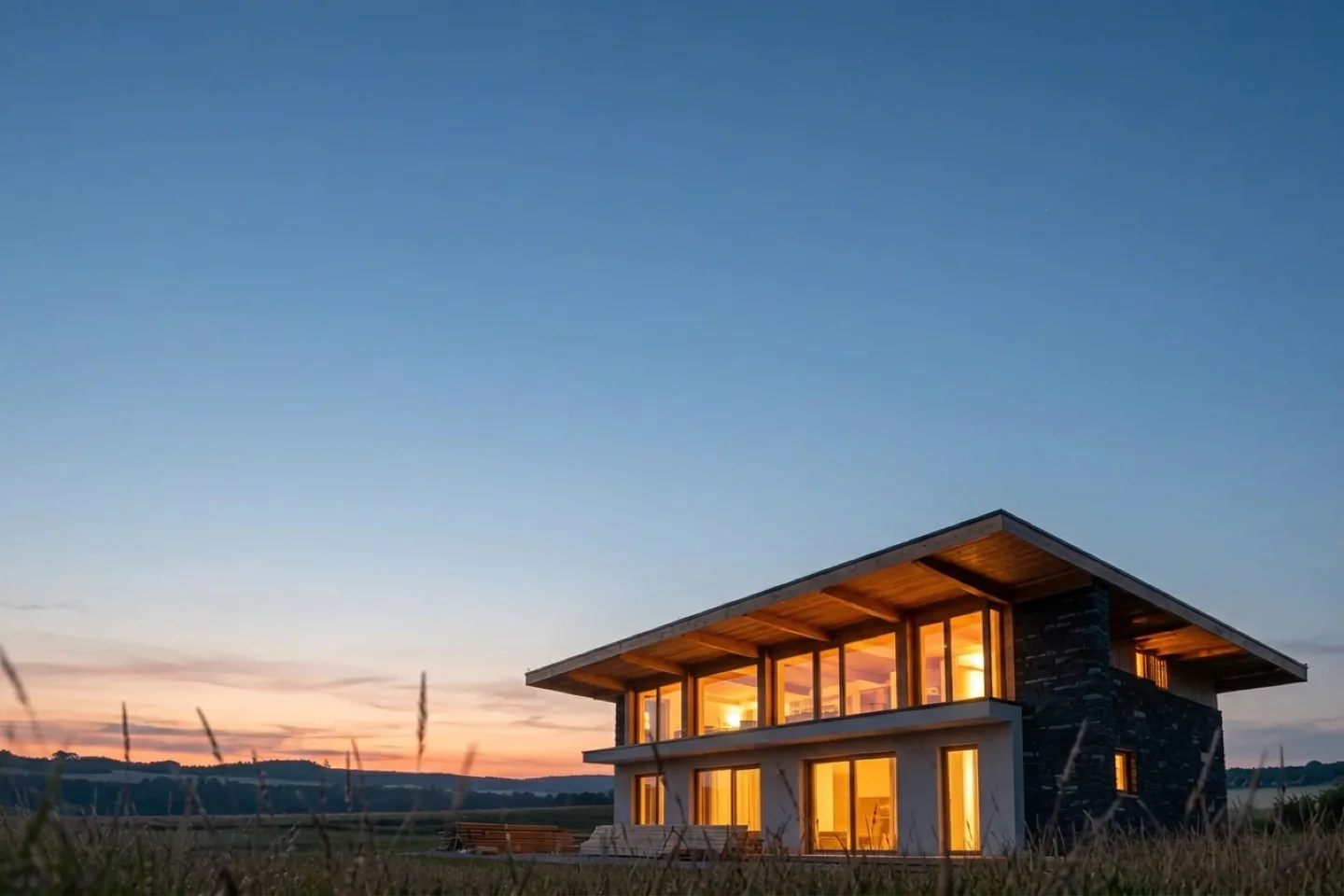 The finished house at dusk, every window lit