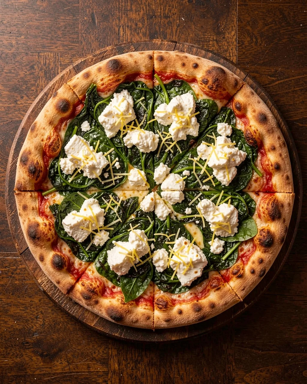 A whole Green pie with spinach and ricotta on a wooden board