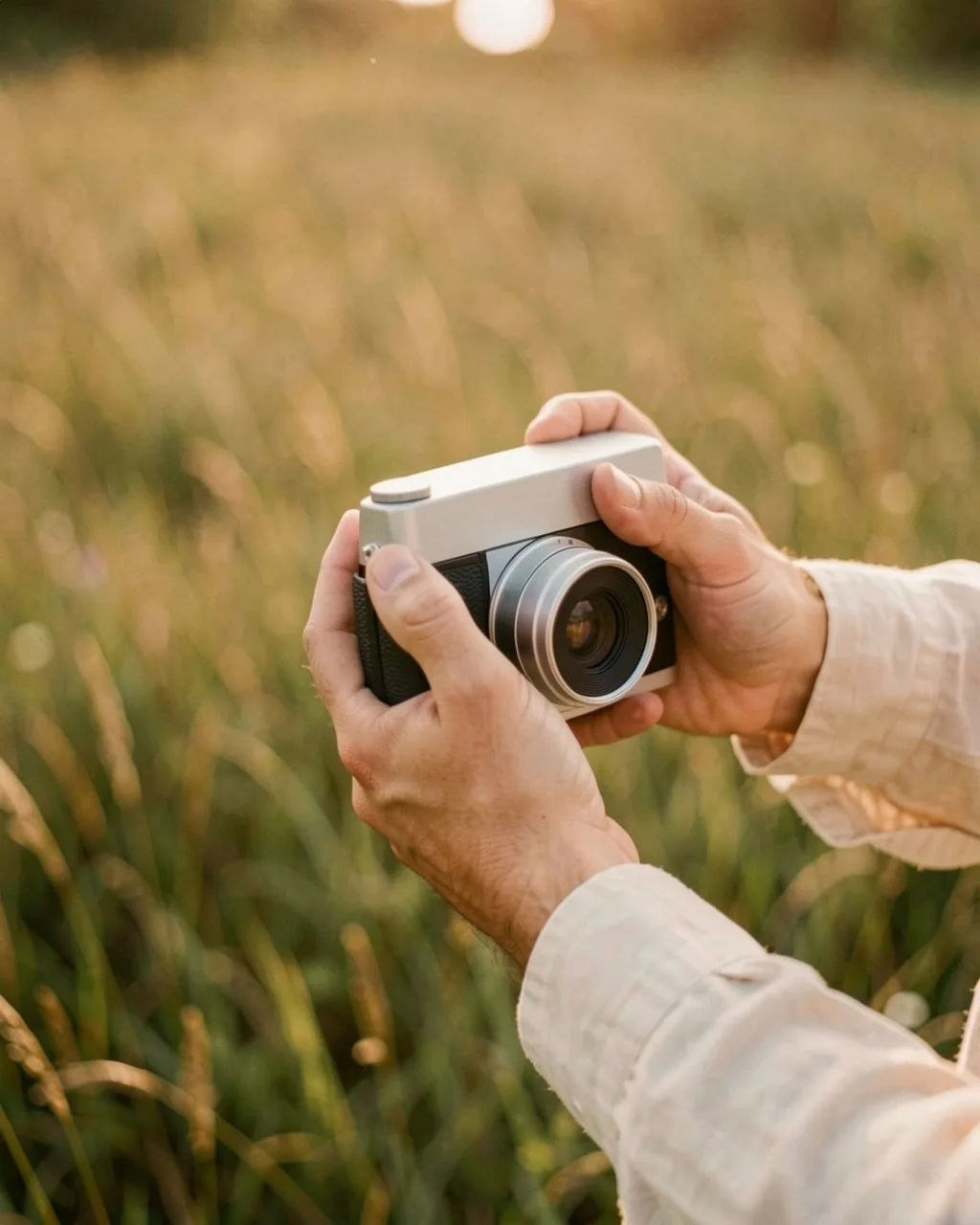 Two hands holding a film camera in a meadow at sunset