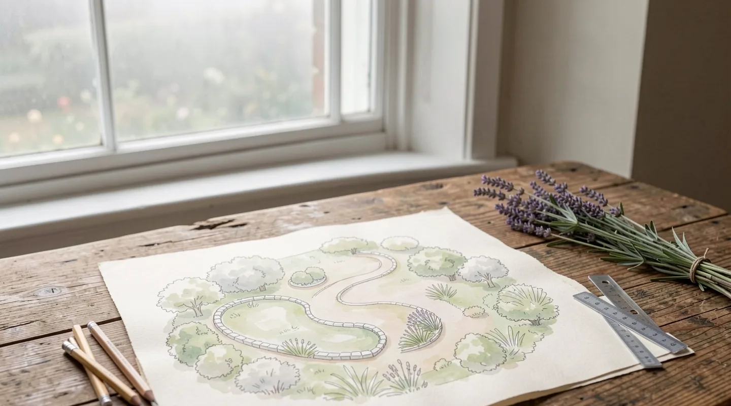A watercolour garden plan on an oak table by a window