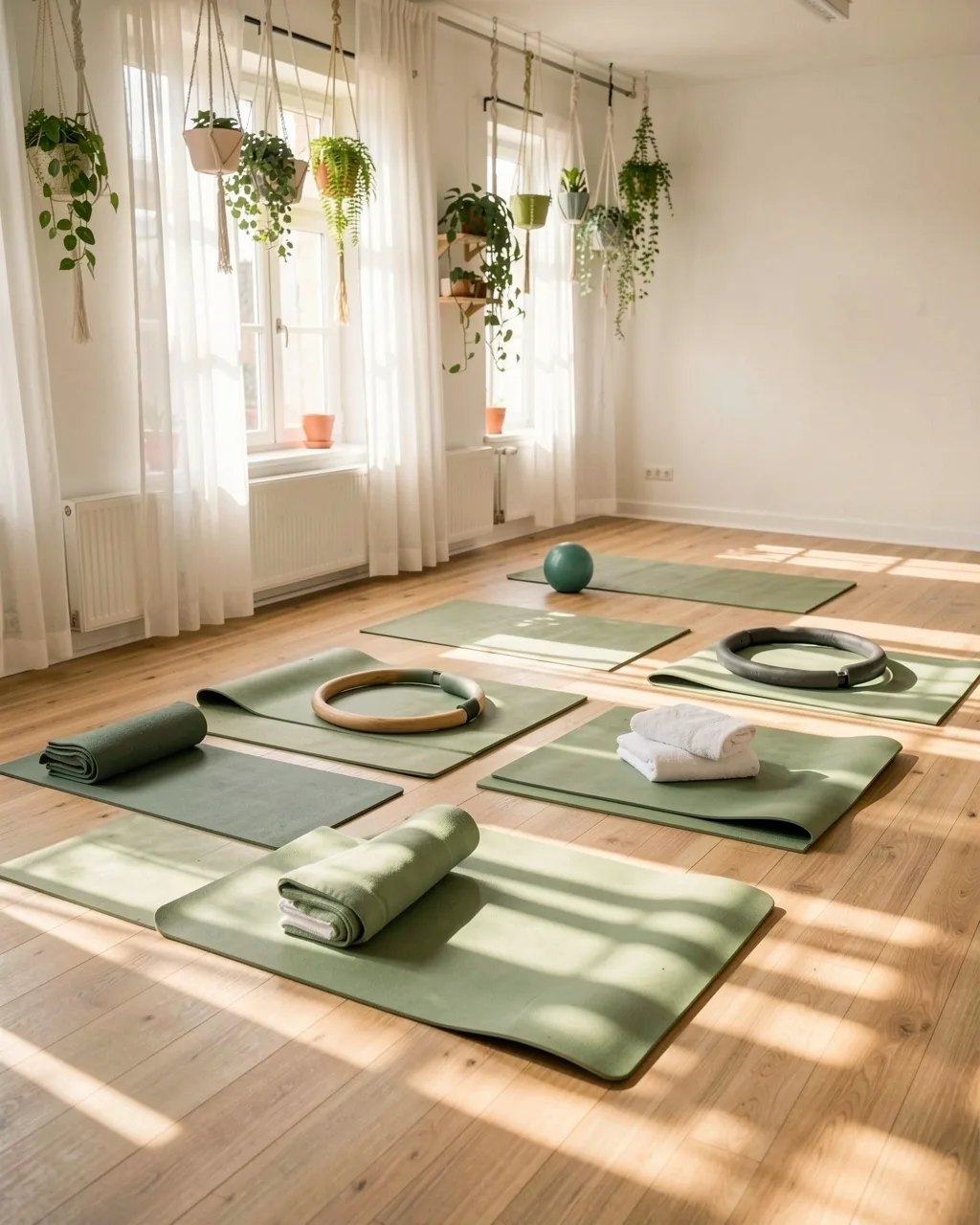 Green mats laid out on the studio floor with balls and rings