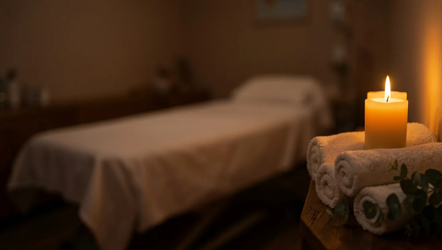 A treatment bed in a dim room, with a lit candle on rolled towels and eucalyptus