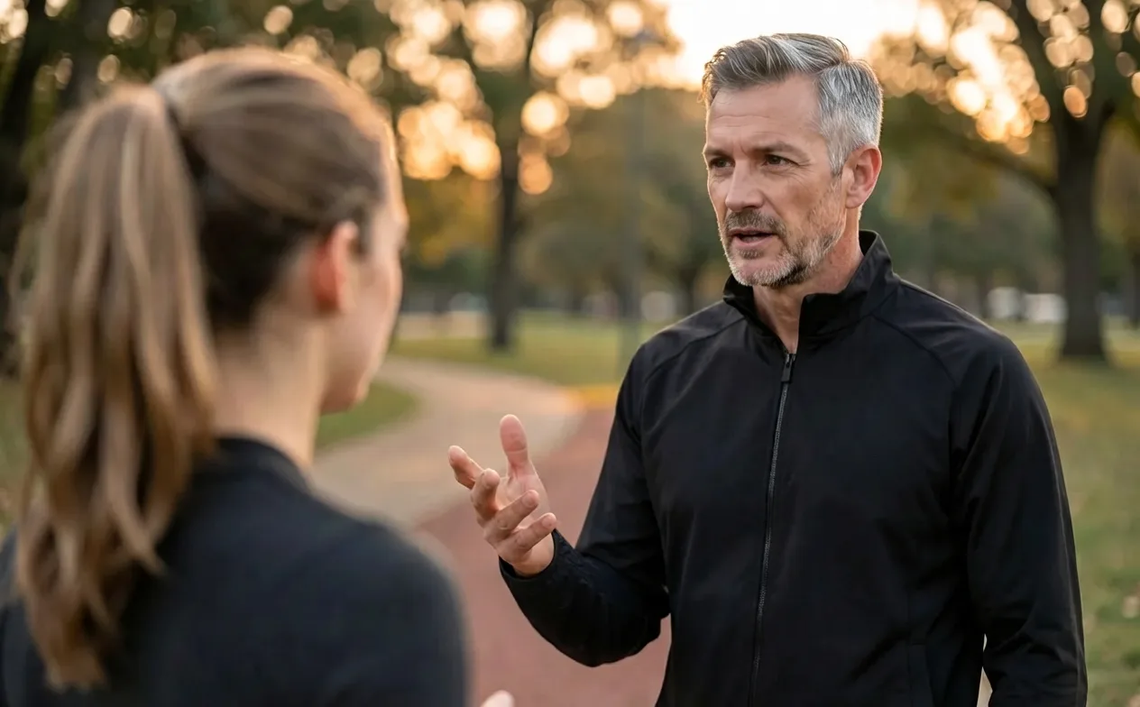 The coach talking an athlete through her next session in the park