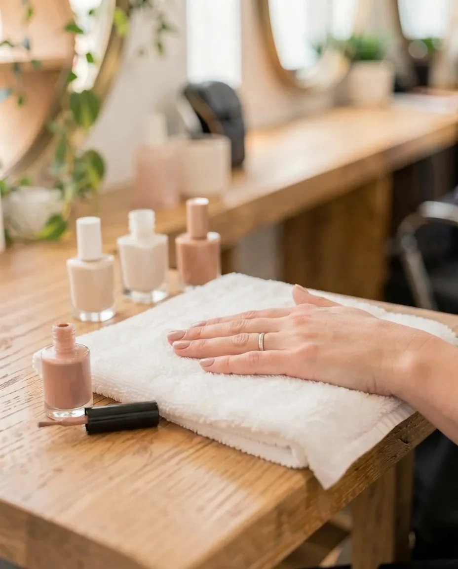 Nails freshly painted a rose beige at Lena's table