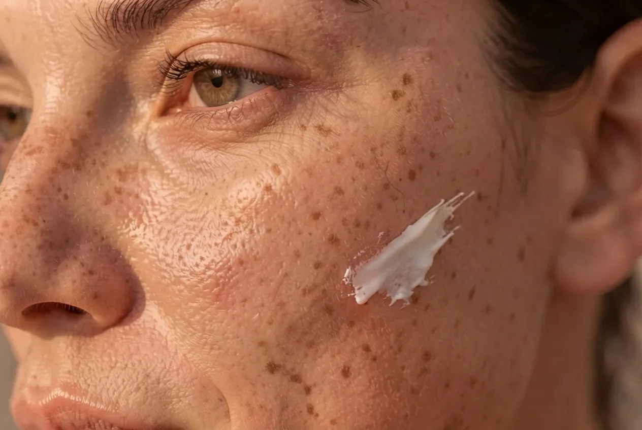 A smear of day cream on a freckled cheek
