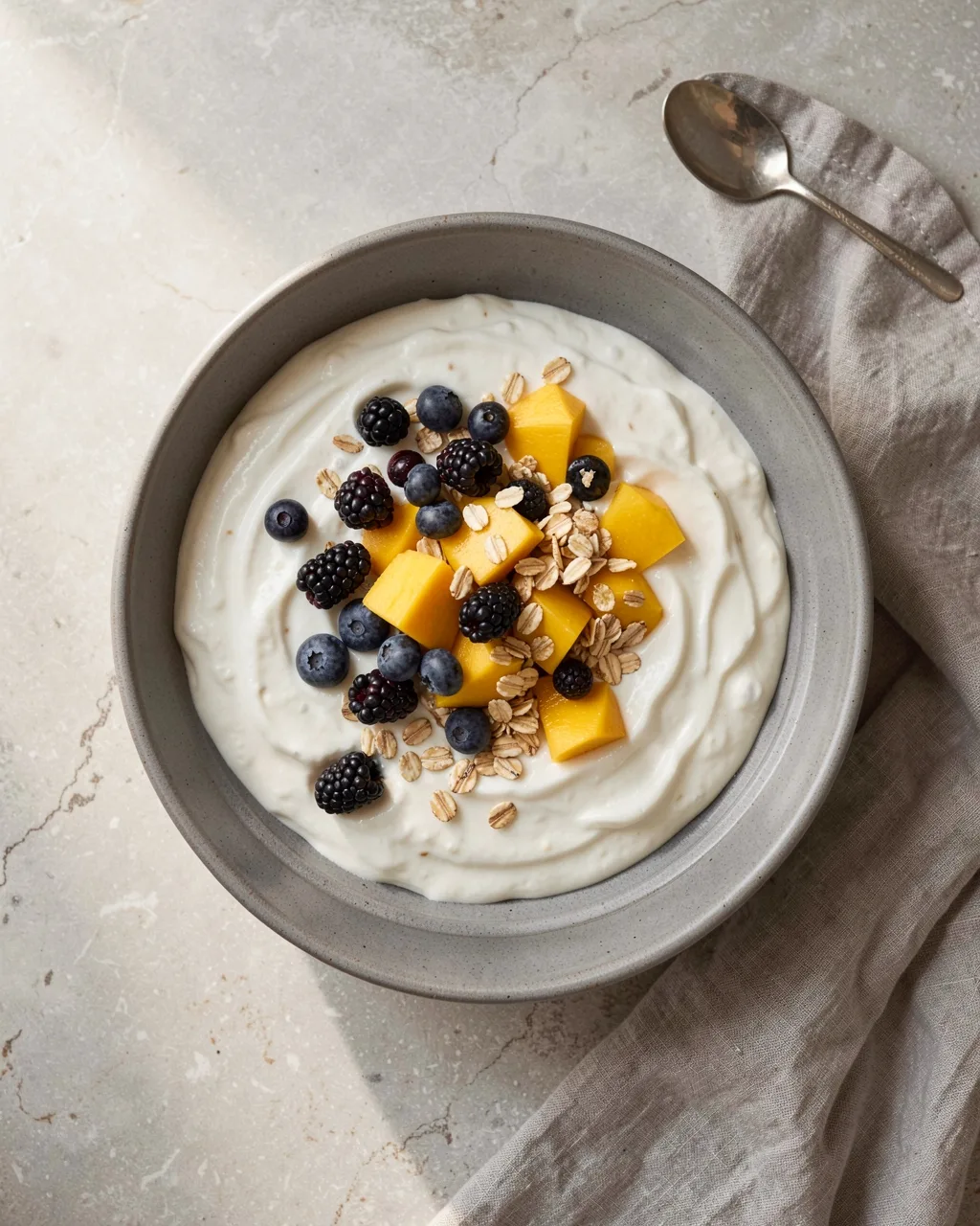 Thick yoghurt with blackberries, blueberries, mango and oats
