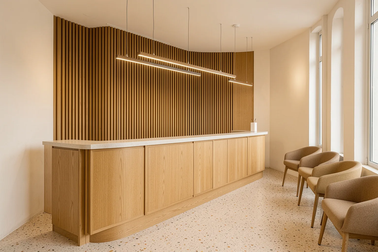 A clinic reception with an oak counter, a slatted oak wall and waiting chairs