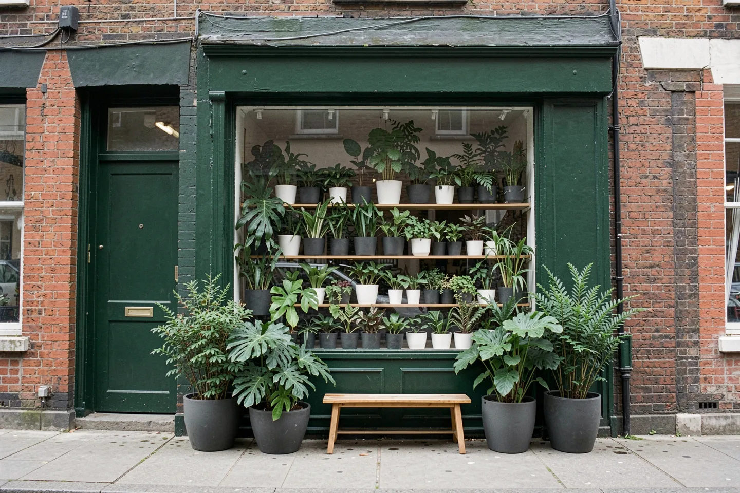 The shop's green-painted front with a window full of plants and big pots on the pavement