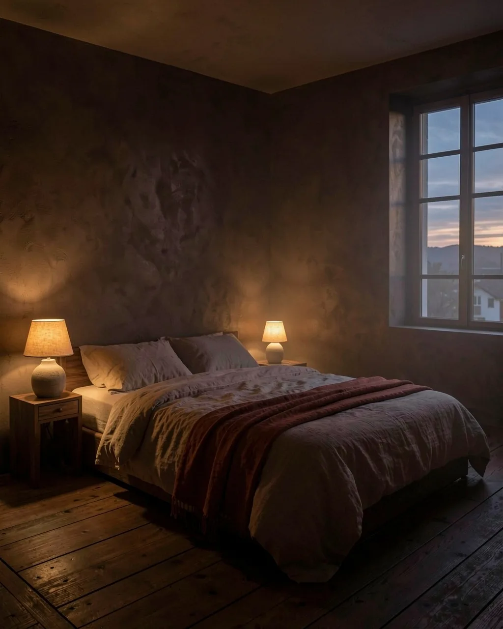 A bed in linen with a rust throw and two lit lamps, in a dark bedroom