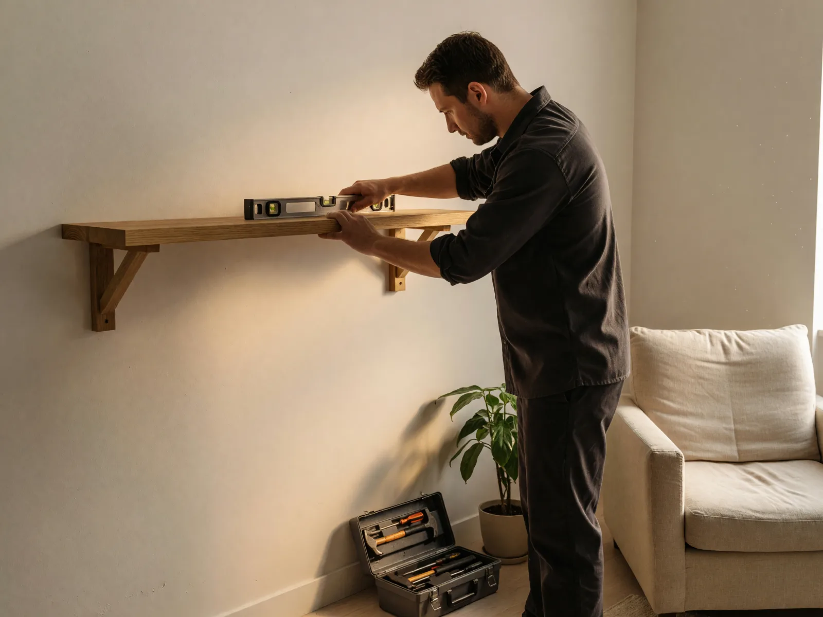 A handyman levelling a new oak shelf on a living-room wall