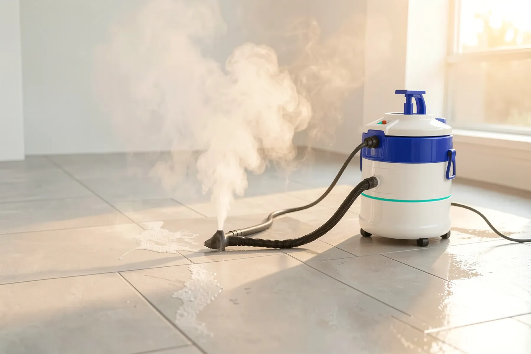 A yellow steam cleaner on a tiled floor, steam rising in the sun