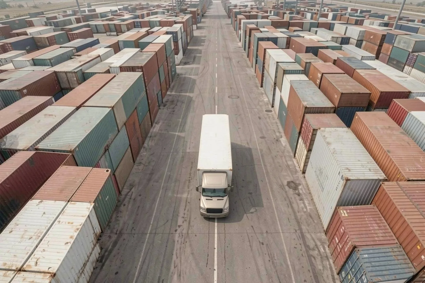 A trailer between container stacks, from above