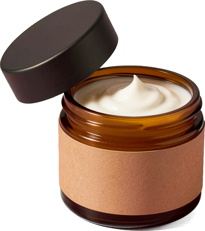 The squalane day cream in an amber jar, its lid lifted
