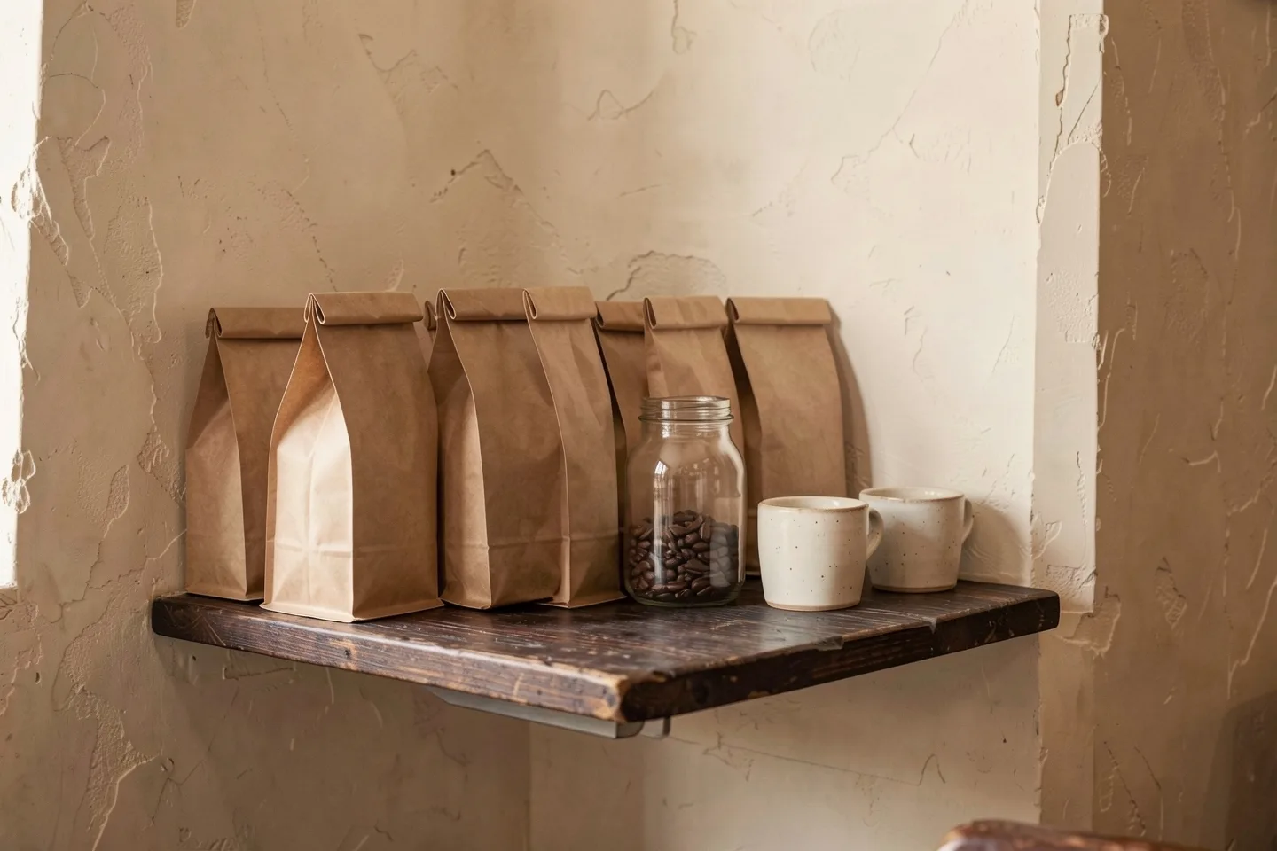 Paper bags of coffee, a jar of beans and two cups on a wooden shelf