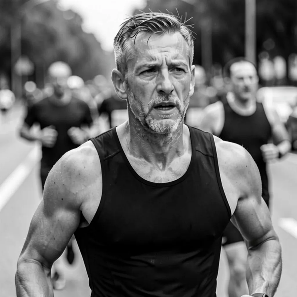 The coach racing a marathon, in black and white